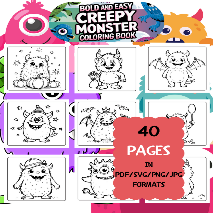 Creepy Monster Coloring Book | Printable Art Book ( 50 Pages, PDF SVG JPG PNG FORMATS)