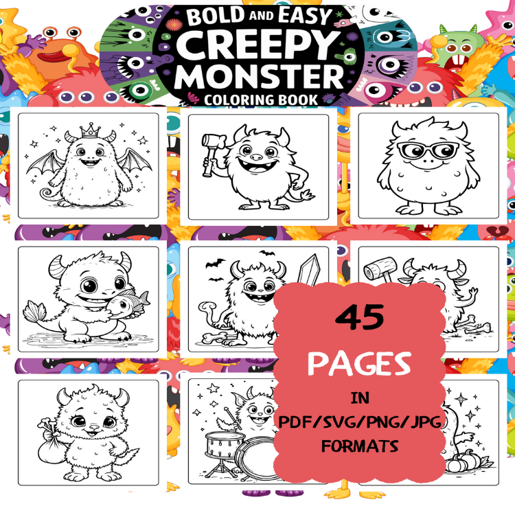 Creepy Monster Coloring Book | Printable Art Book ( 50 Pages, PDF SVG JPG PNG FORMATS)
