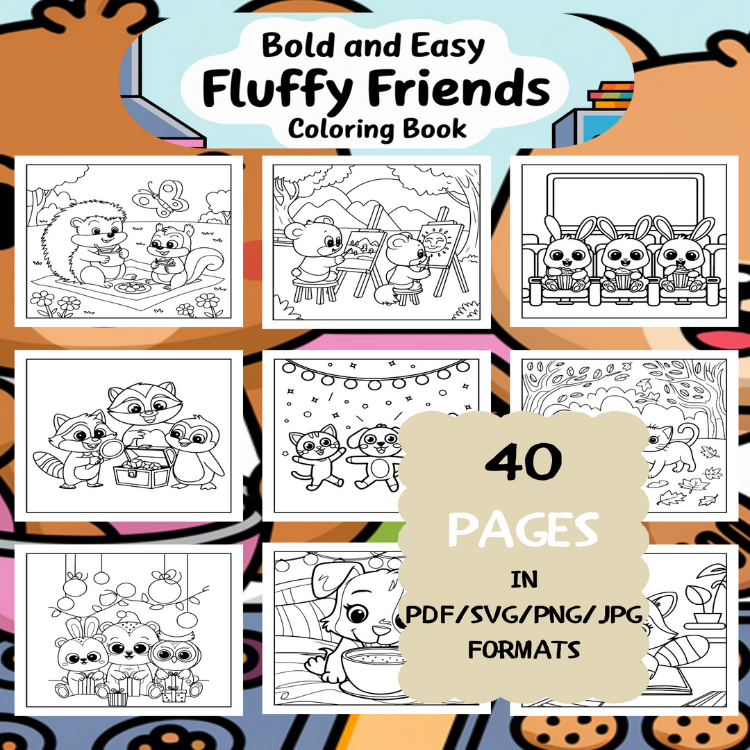 Fun Fluffy Friends Coloring Book | Printable Art Book ( 40 Pages, PDF SVG JPG PNG FORMATS)