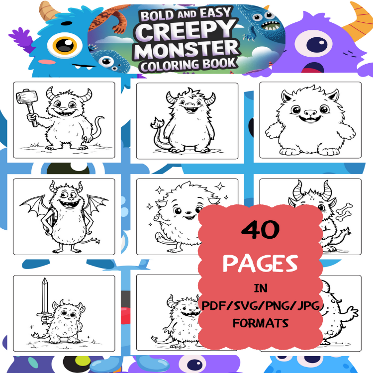 Creepy Monster Coloring Book | Printable Art Book ( 50 Pages, PDF SVG JPG PNG FORMATS)