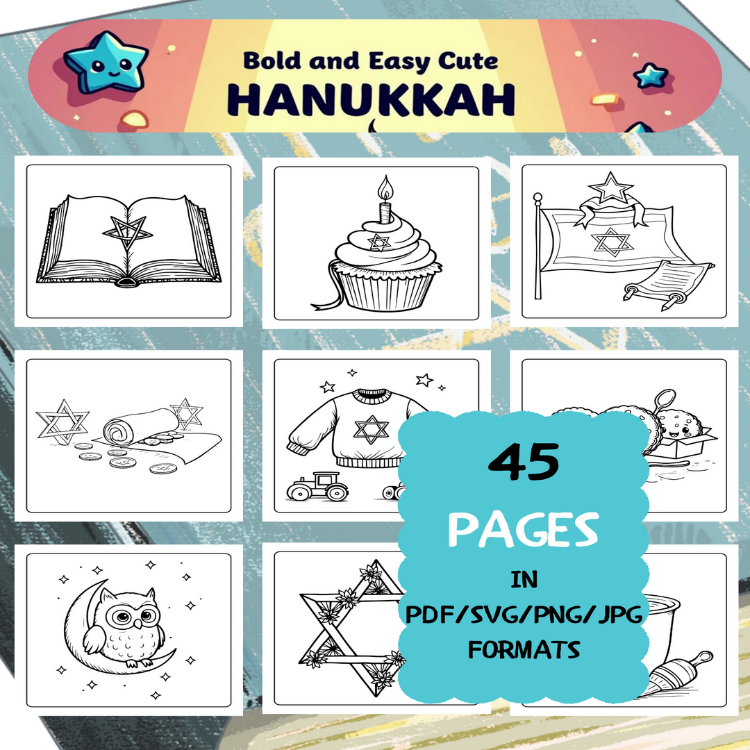 Hanukkah Coloring Book | Printable Art Book ( 45 Pages, PDF SVG JPG PNG FORMATS)