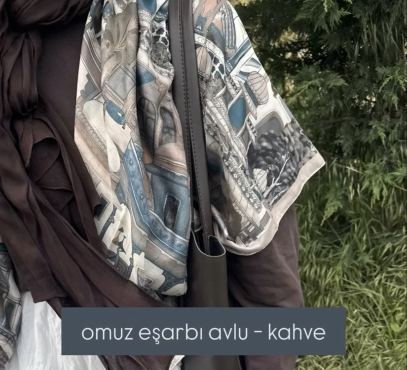 Omuz Şalı Avlu Desen Kahve 
