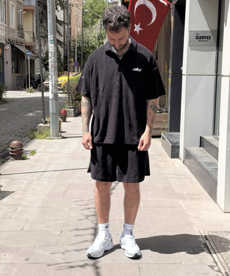 BOHOO ERKEK TOWEL OVERSIZED SHORT BLACK