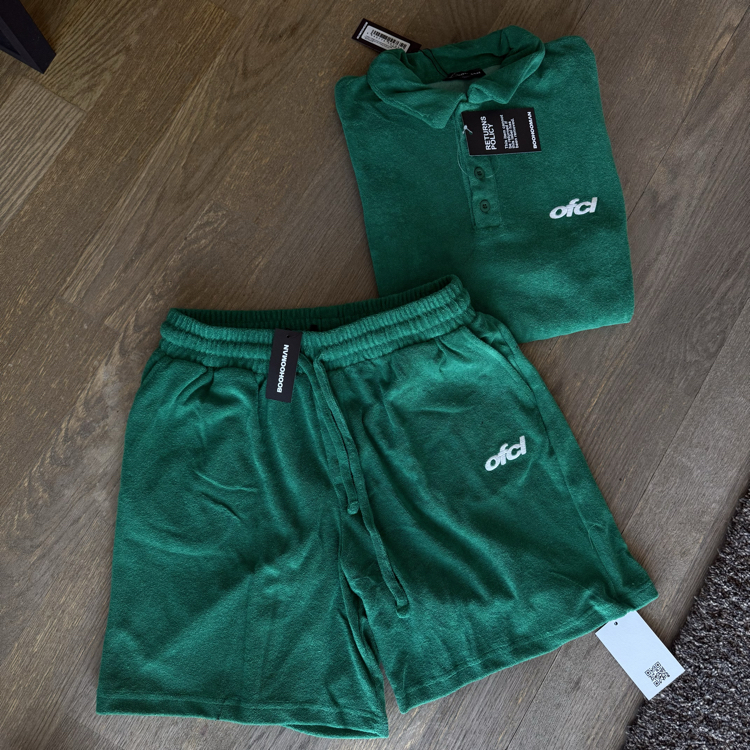 BOHOO ERKEK DARK GREEN TOWEL SHORTS
