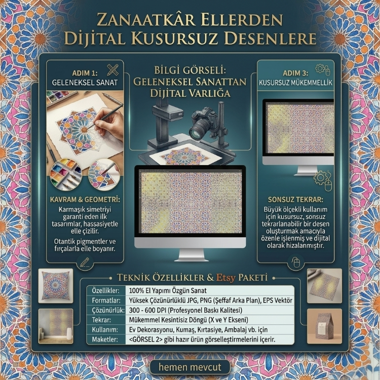 Geleneksel Geometrik Desen Seti, El Boyaması Dijital Kağıtlar
