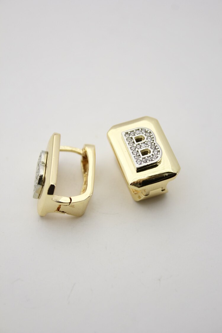 VIP Taşlı B Plaka Küpe | Gold