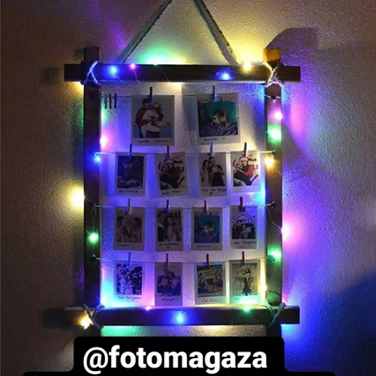 İpli mandallı ahşap duvar fotoğraf çerçevesi led ışıklı