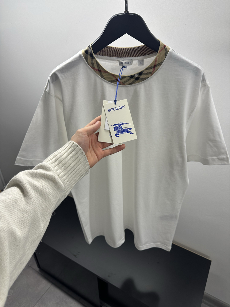 Burberry Cotton Check-Neckline T-Shirt