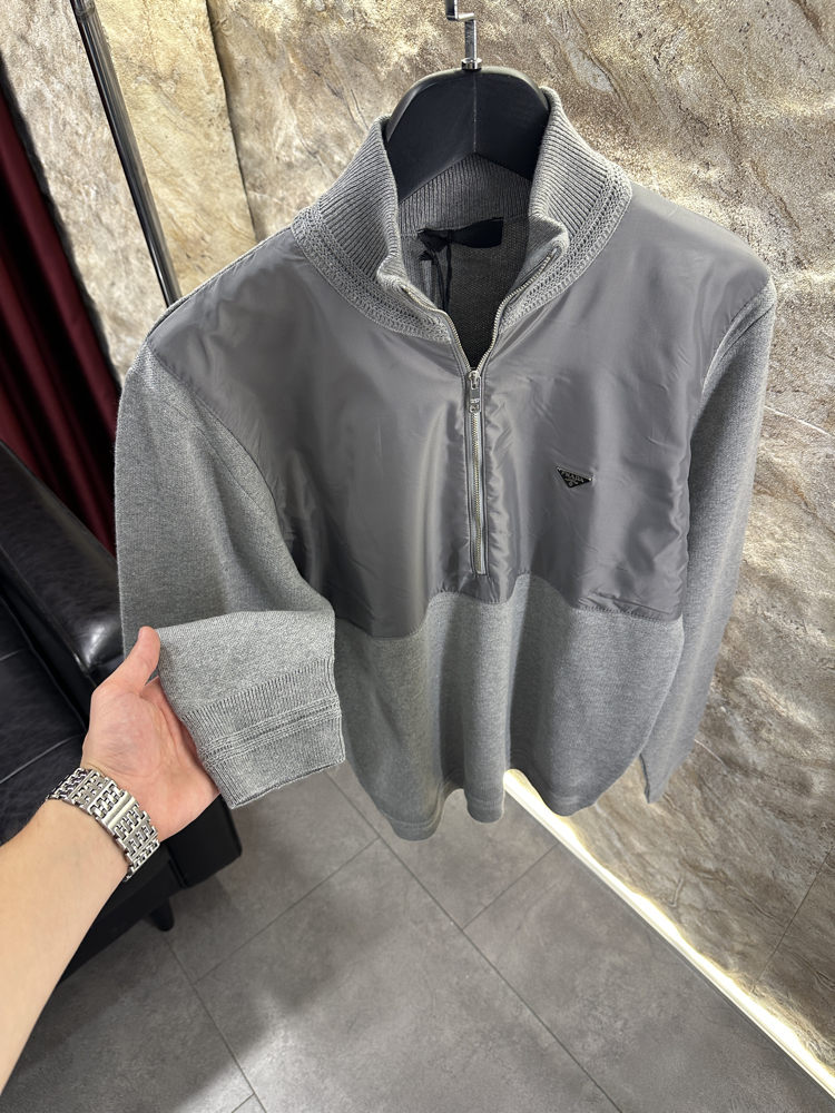 Prada Re-naylon Yarım Fermuar Gri Kazak 
