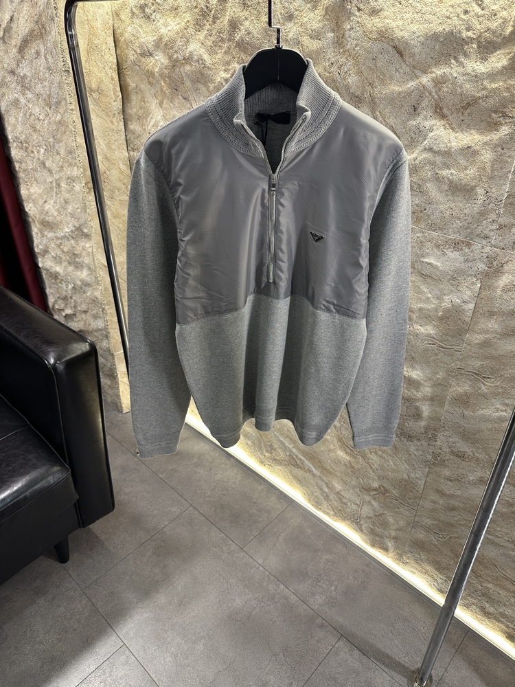 Prada Re-naylon Yarım Fermuar Gri Kazak 