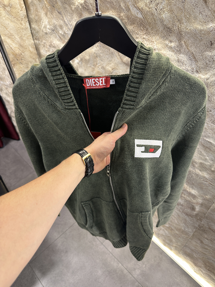 Diesel Yeşil Yıkamalı Fermuarlı Kapüşonlu Triko