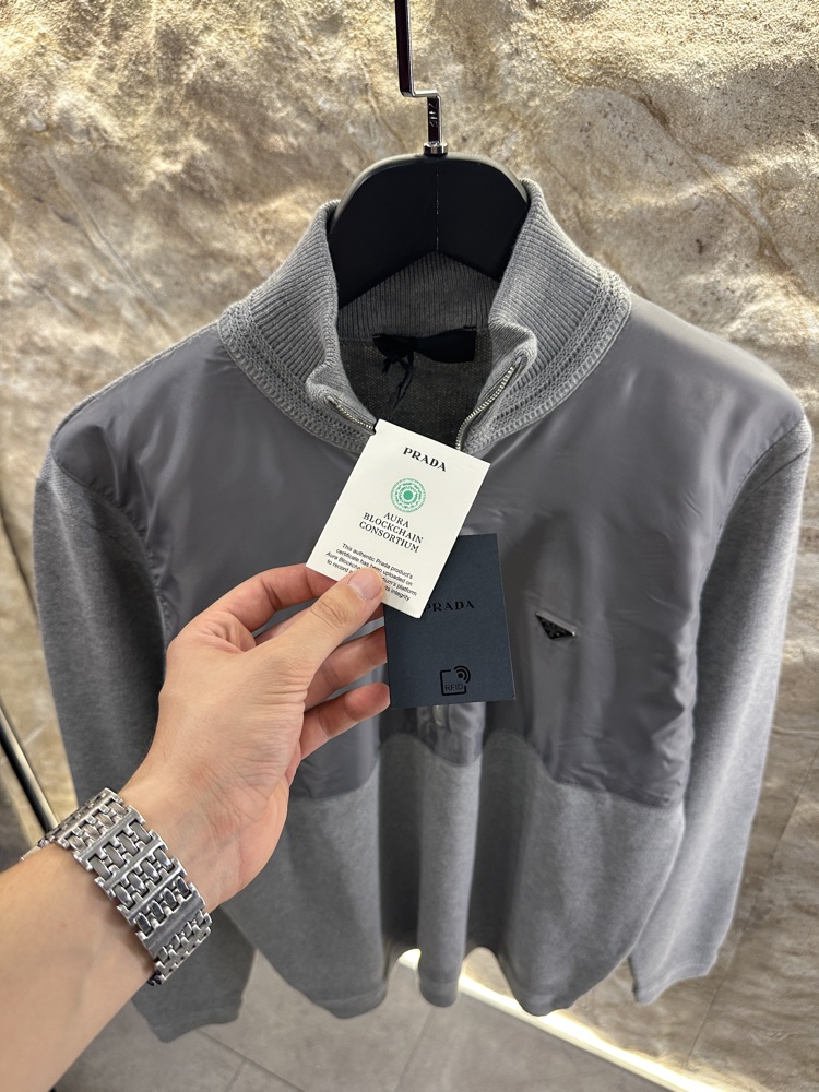 Prada Re-naylon Yarım Fermuar Gri Kazak 