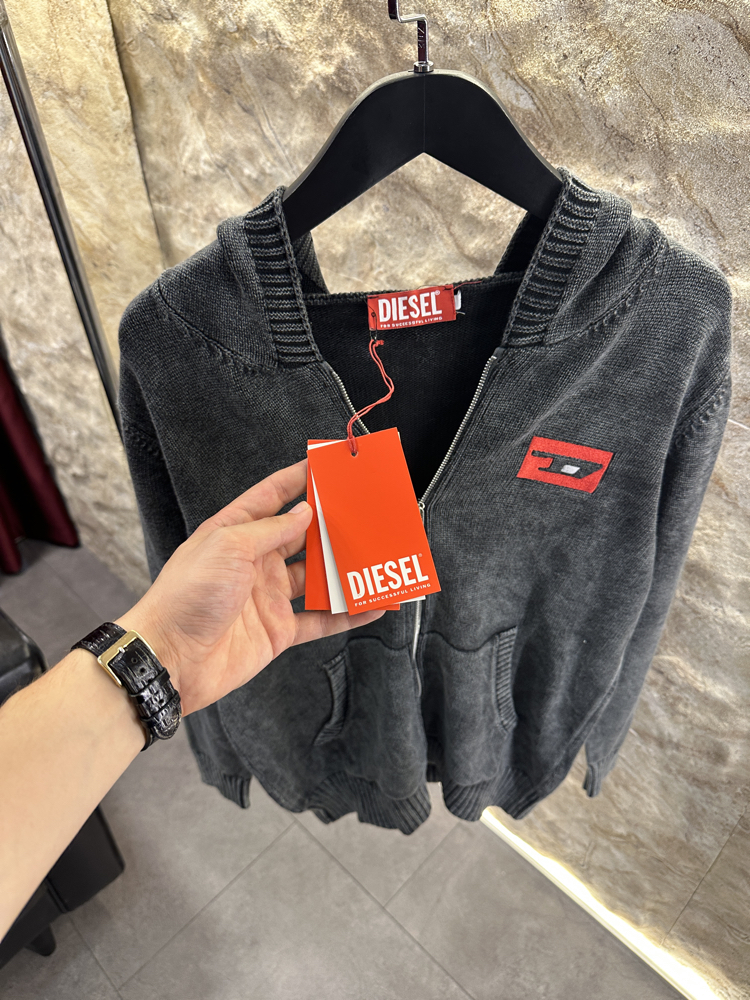 Diesel Yeşil Yıkamalı Fermuarlı Kapüşonlu Triko