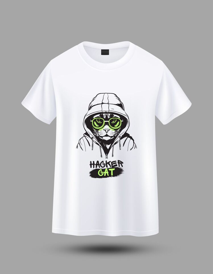 Hacker Cat Baskılı Oversize Tişört