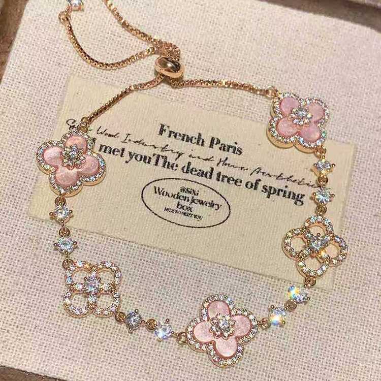 Taşlı Yonca Bileklik-Pembe