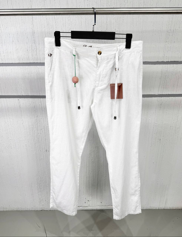 Loro Piana Erkek Regular Fit Beyaz Ham Keten Pantolon