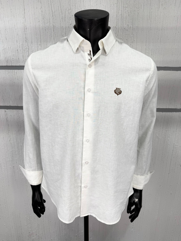Loro Piana Erkek Regular Fit Beyaz Keten Gömlek