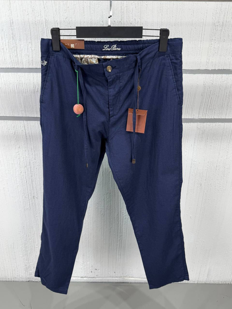 Loro Piana Erkek Regular Fit Lacivert Ham Keten Pantolon