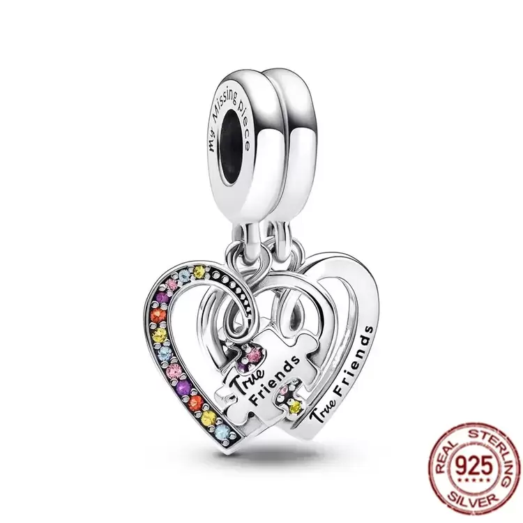 925 Ayar Gümüş Puzzle Parçası ve Kalpli Arkadaşlık Sallantılı Charm