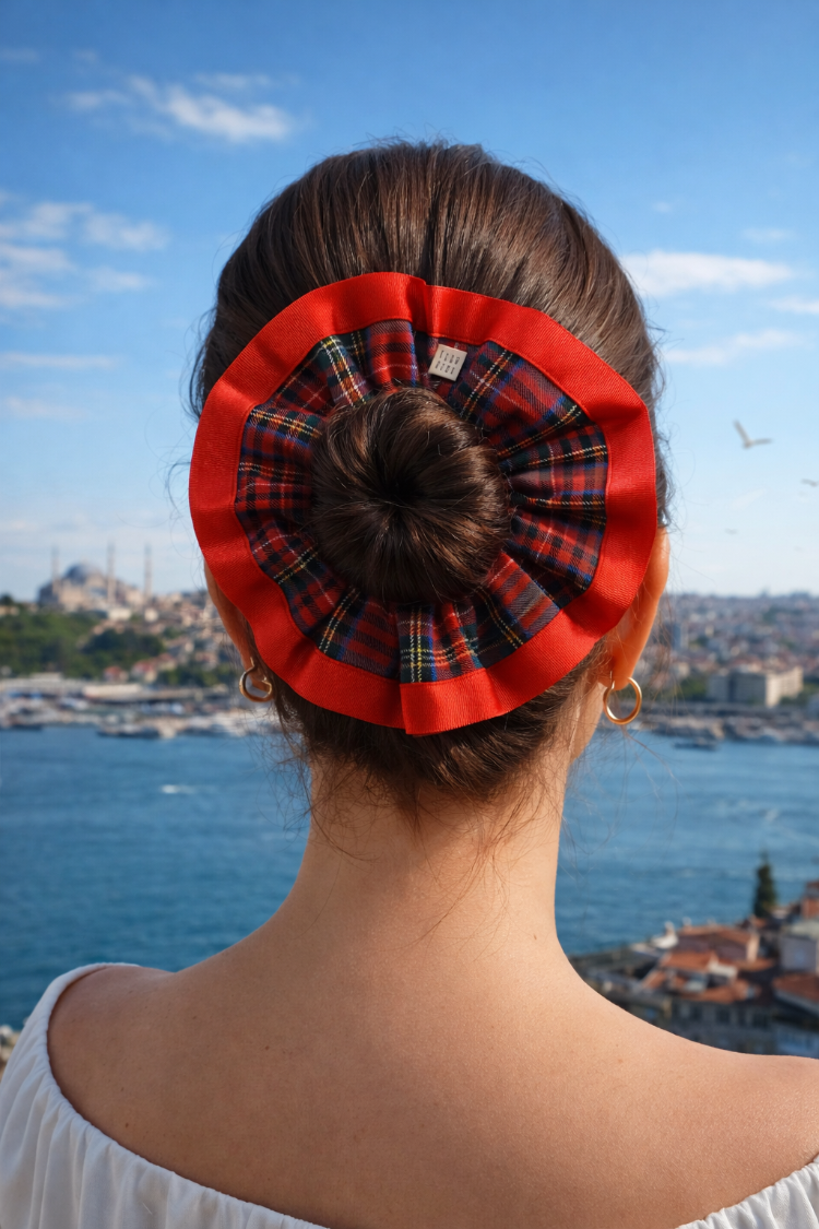 From Pera The Royal Check Premium 4 Katmanlı Kırmızı Ekose El Yapımı Lüks Saç Tokası
