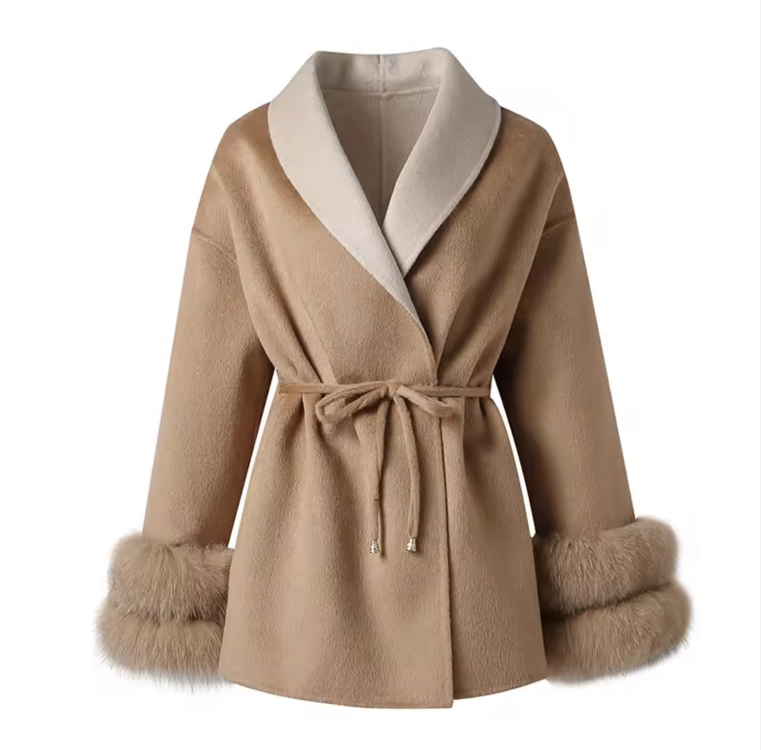 Luxury Belted Fur-Trim Coat