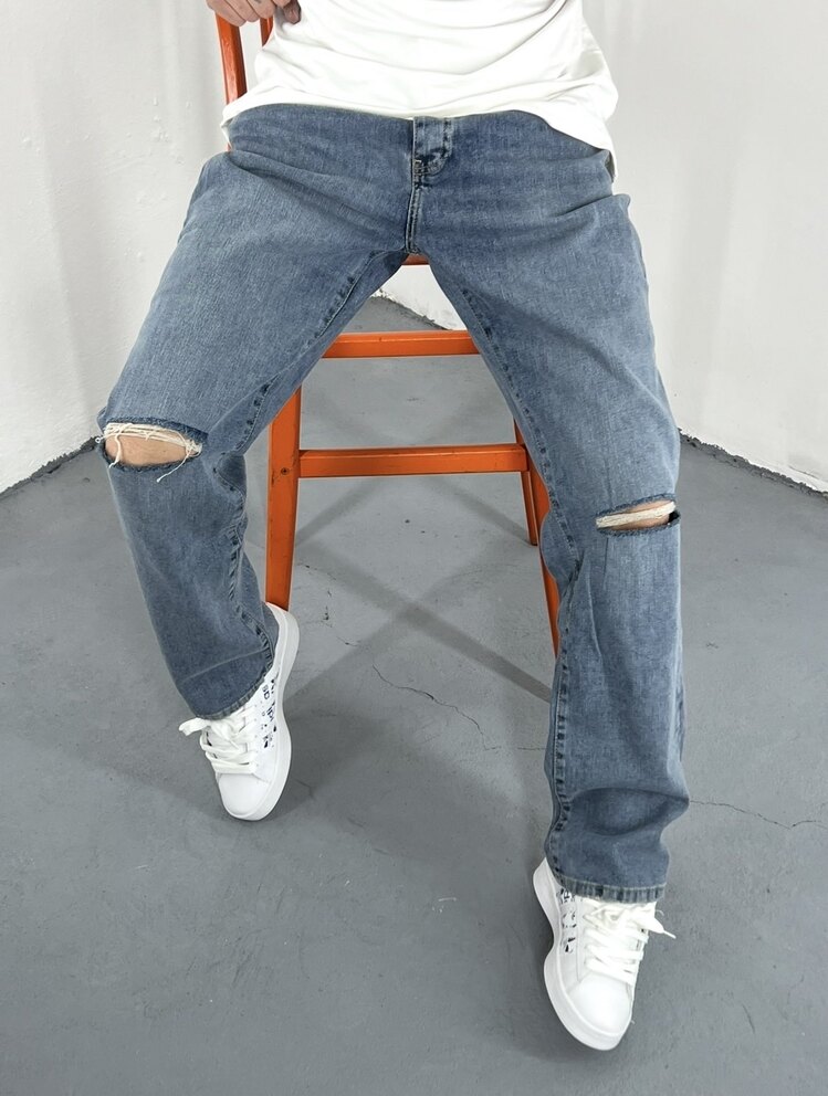 Dizi Yırtık Baggy Jean Mavi