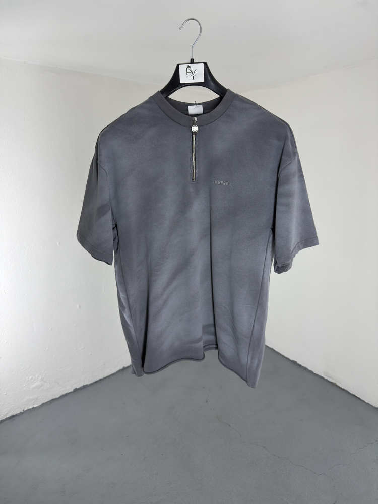 Yıkamalı Yarım Fermuarlı T-Shirt gri
