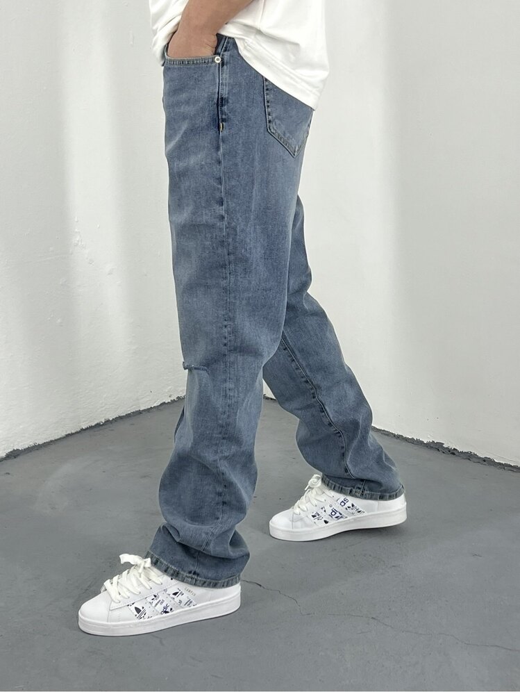 Dizi Yırtık Baggy Jean Mavi