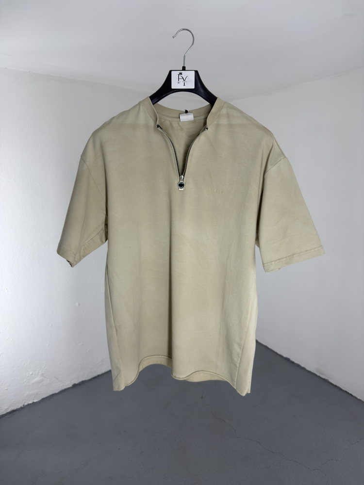 Yıkamalı Yarım Fermuarlı T-Shirt krem