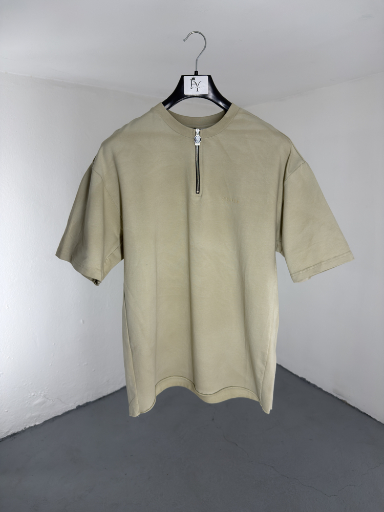 Yıkamalı Yarım Fermuarlı T-Shirt krem