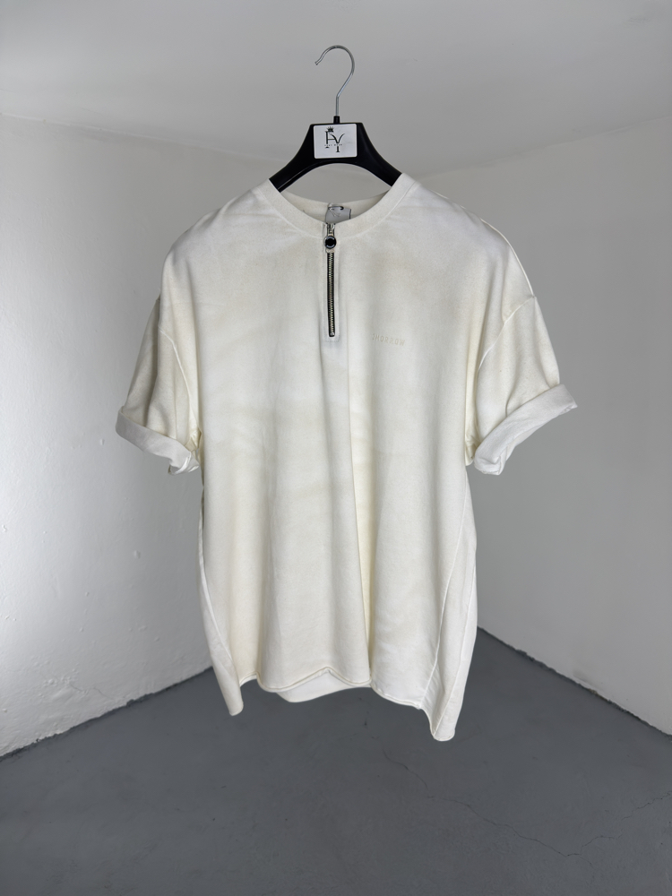 Yıkamalı Yarım Fermuarlı T-Shirt beyaz