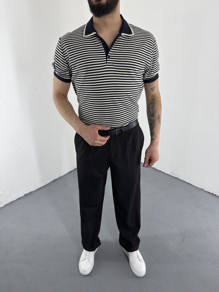 Çizgili Polo Yaka T-Shirt lacivert