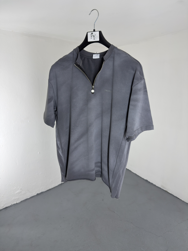 Yıkamalı Yarım Fermuarlı T-Shirt gri