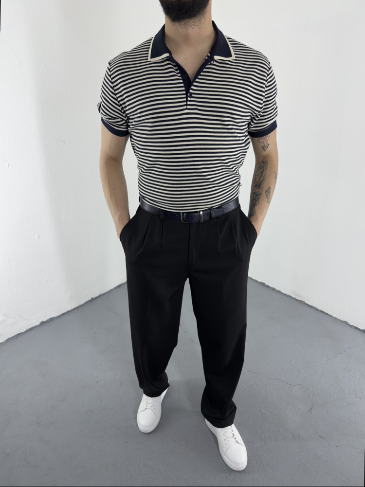 Çizgili Polo Yaka T-Shirt lacivert