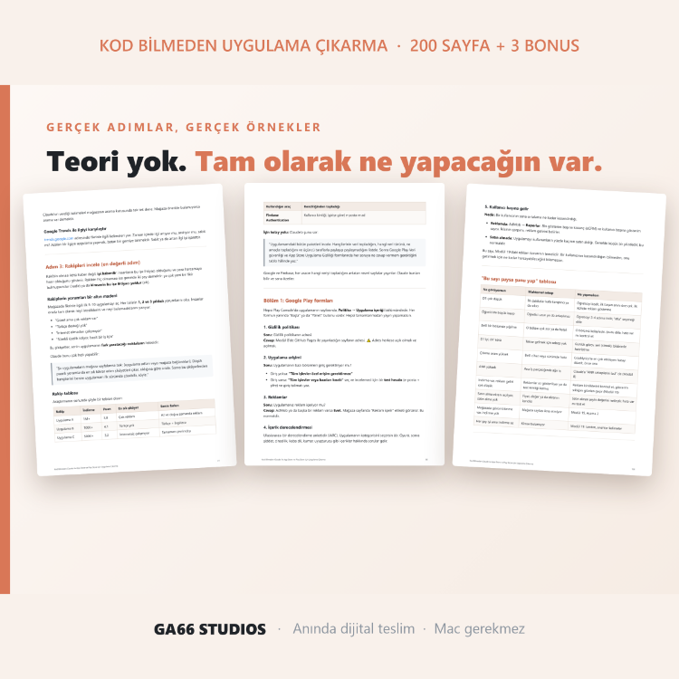 Kod Bilmeden Claude ile App Store ve Play Store için Uygulama Çıkarma (200 Sayfa + 3 Bonus)
