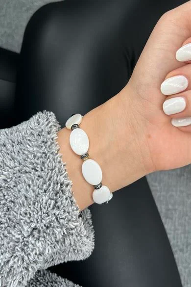 Sedef & Hematit Doğal Taş Oval Bileklik 