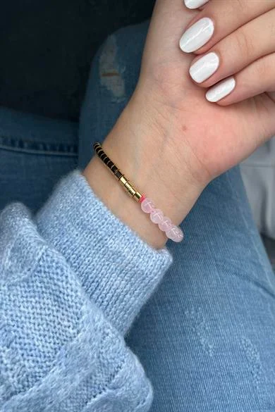 Pembe Kuvars Doğal Taş Bileklik 24K Altın Kaplama