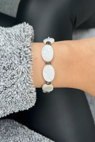 Sedef & Hematit Doğal Taş Oval Bileklik 
