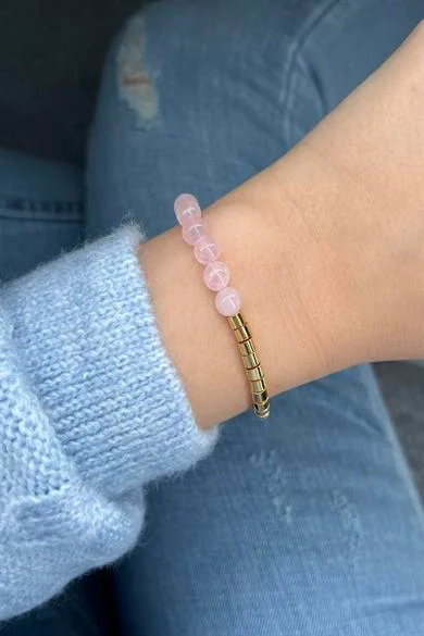 Pembe Kuvars Doğal Taş Bileklik 24K Altın Kaplama