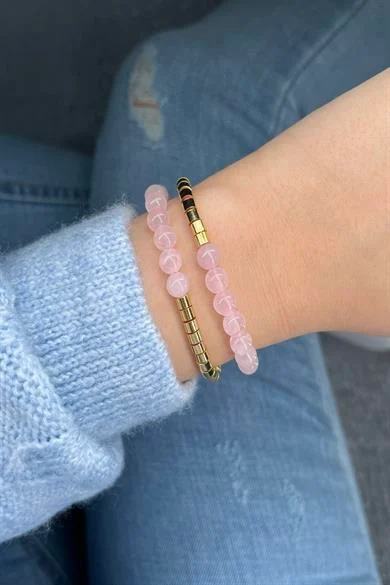Pembe Kuvars Doğal Taş Bileklik 24K Altın Kaplama