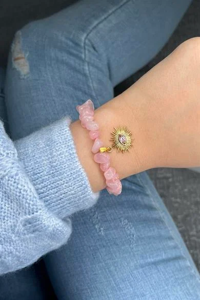 Pembe Kuvars Bileklik 24K Altın Kaplama