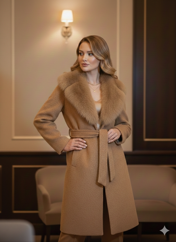 Karamel Yaka Detaylı Cepli Kuşaklı Kaban