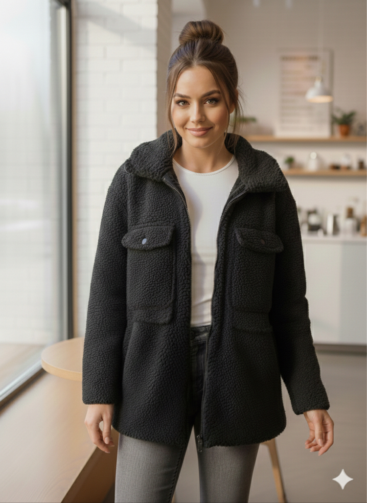 Siyah Cepli Fermuarlı Teddy Polar Ceket