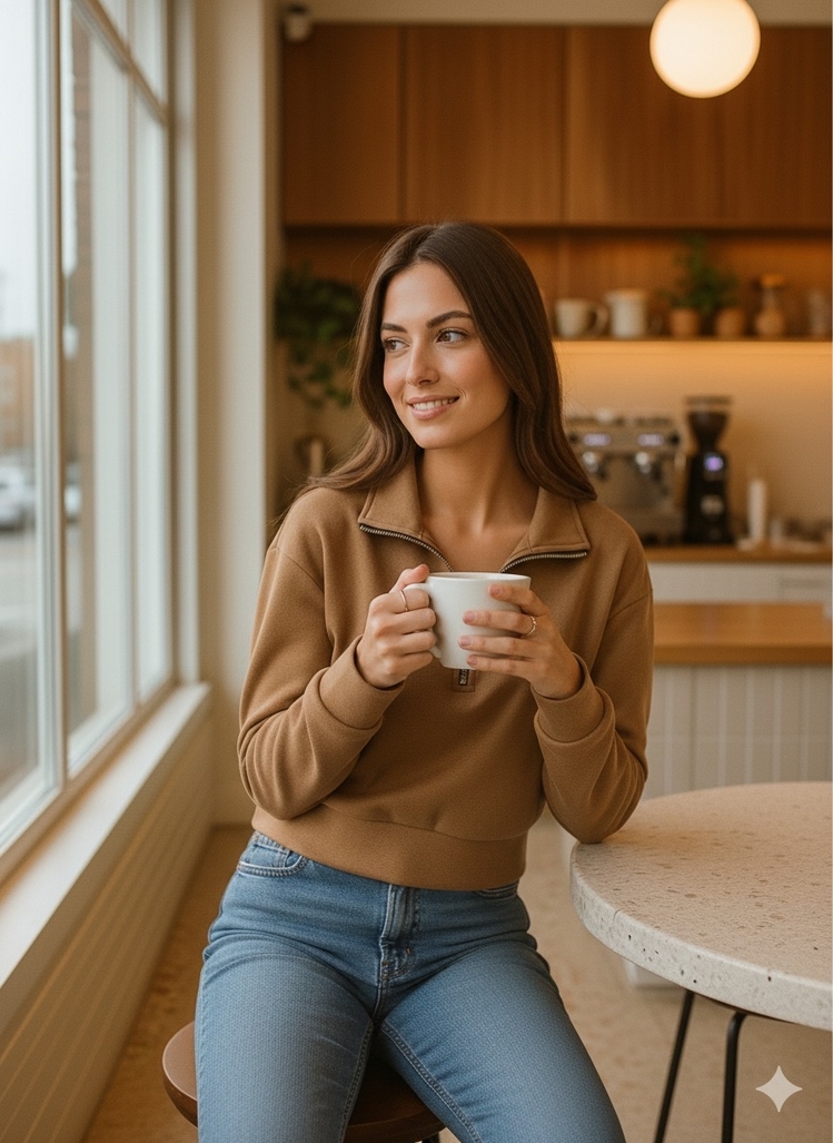 Massimo Dutti Kahverengi Süet Kumaş Yarım Fermuar Uzun Kollu Üst