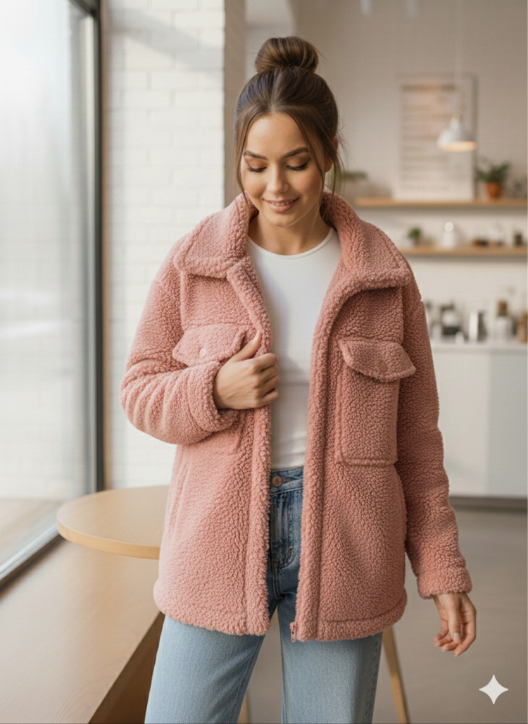 Gül Kurusu Cepli Fermuarlı Teddy Polar Ceket