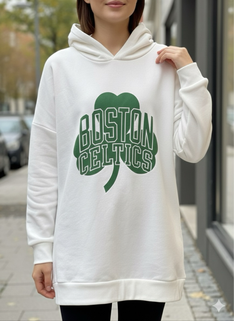 Boston Celtıcs Beyaz Şapkalı Sweatshirt