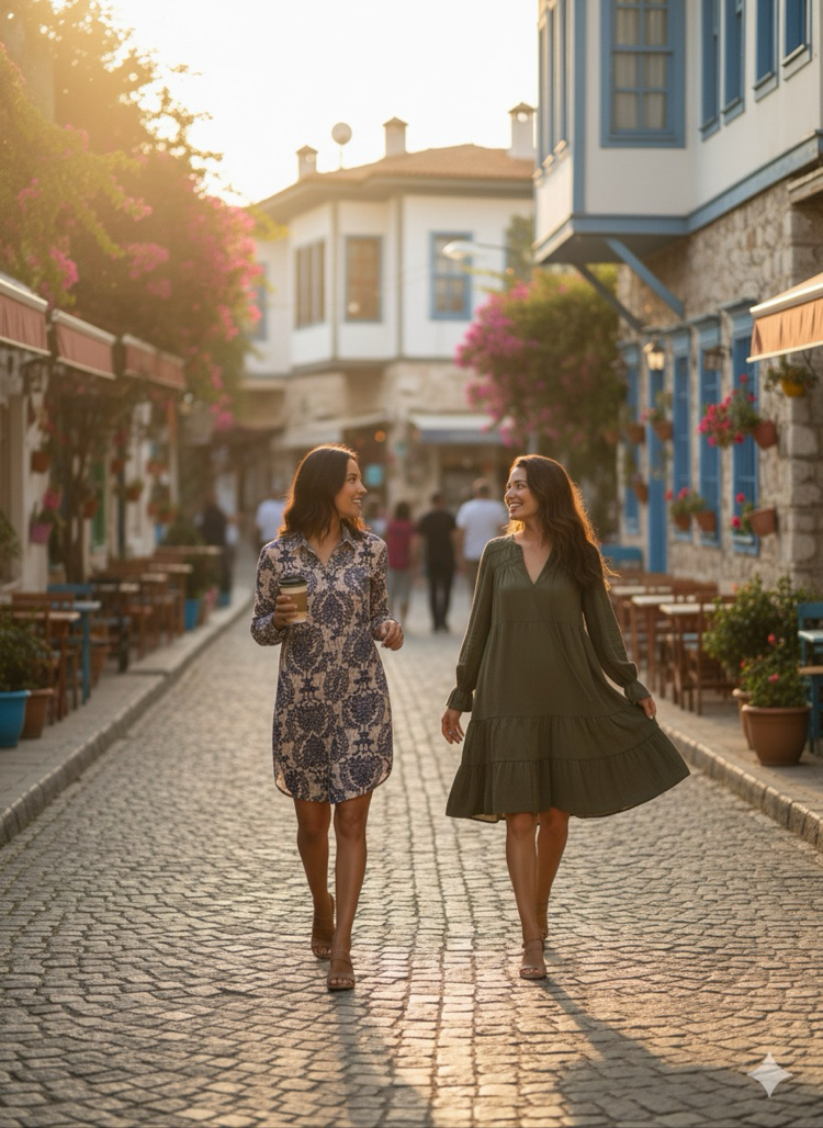 Bej Lacivert Desenli Düğmeli Kısa Gömlek Elbise