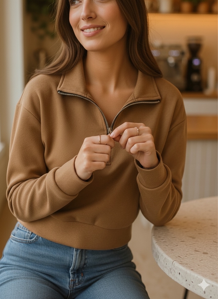Massimo Dutti Kahverengi Süet Kumaş Yarım Fermuar Uzun Kollu Üst