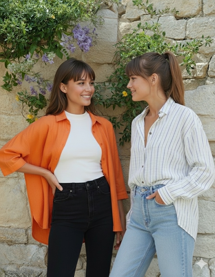 Turuncu Müslin Kumaş Oversize Kısa Kollu Gömlek
