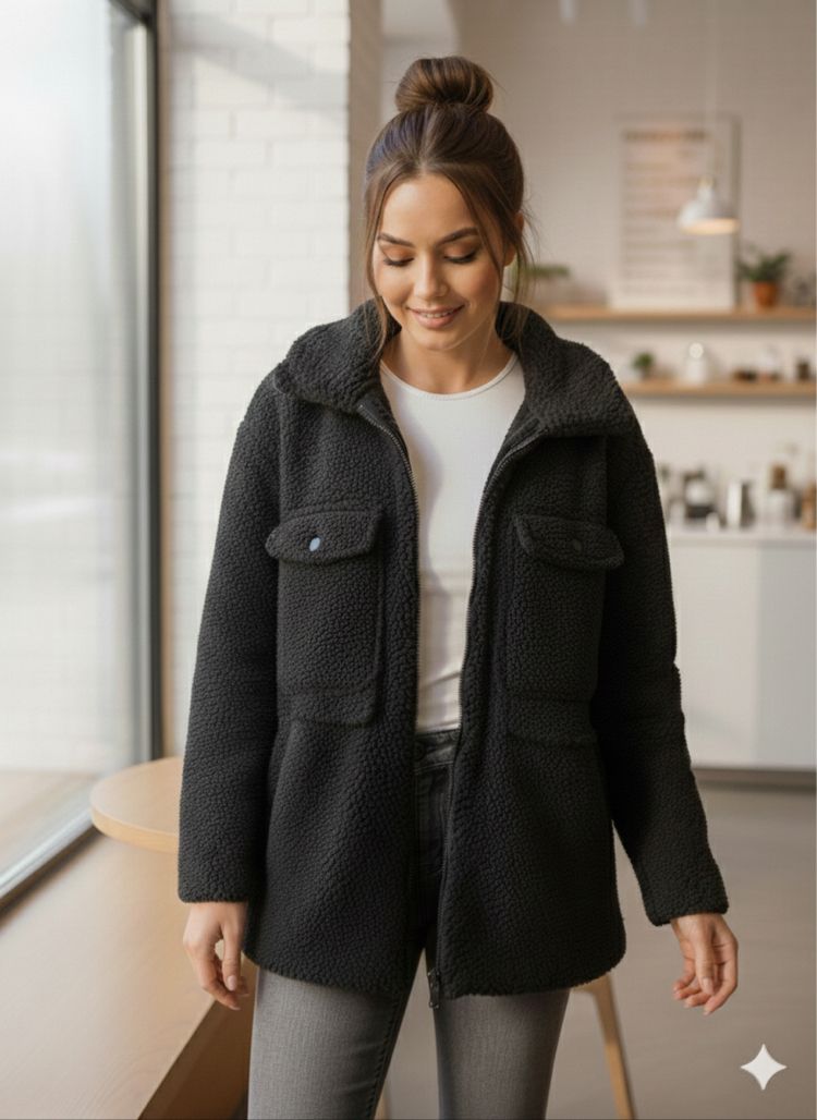 Siyah Cepli Fermuarlı Teddy Polar Ceket